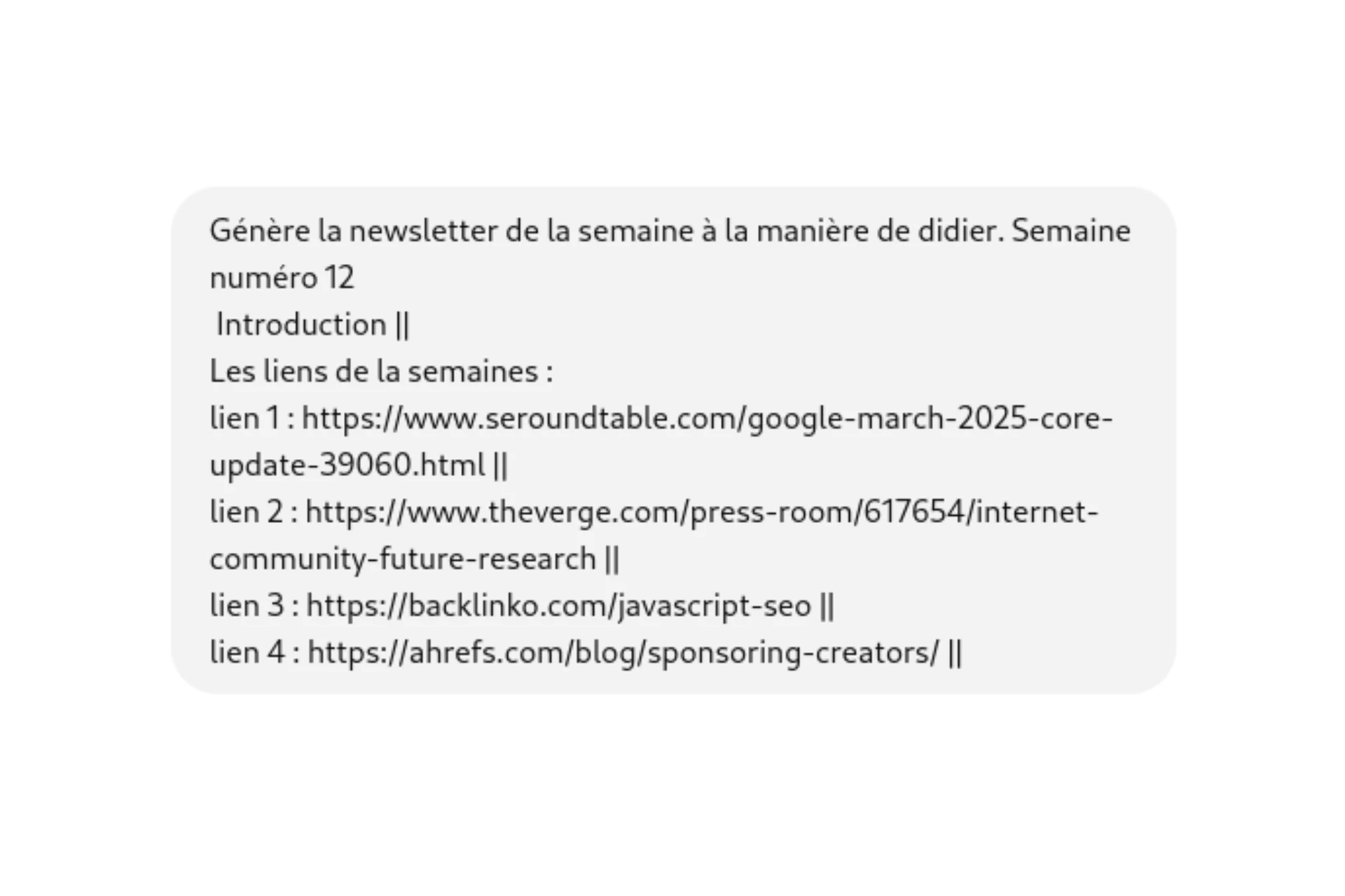 Le prompt final pour générer la newsletter Mon prompt minimaliste